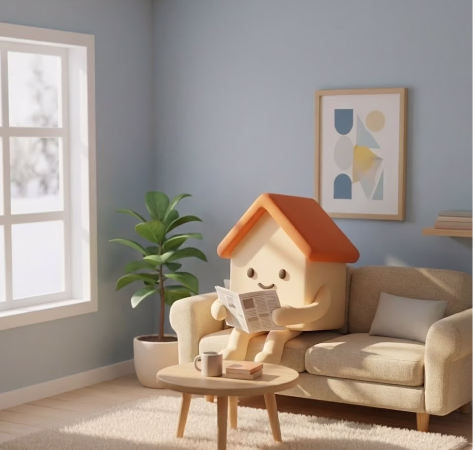 Bobbo, la mascota de Bofrid, leyendo un periódico en un sofá en un salón soleado